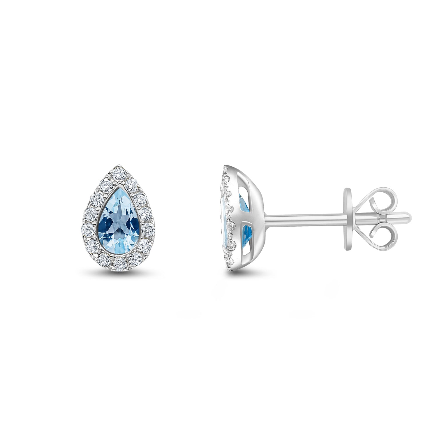18ct White Gold Pear Shaped Natural Aquamarine and Diamond Cluster Stud Earrings — 5x3mm