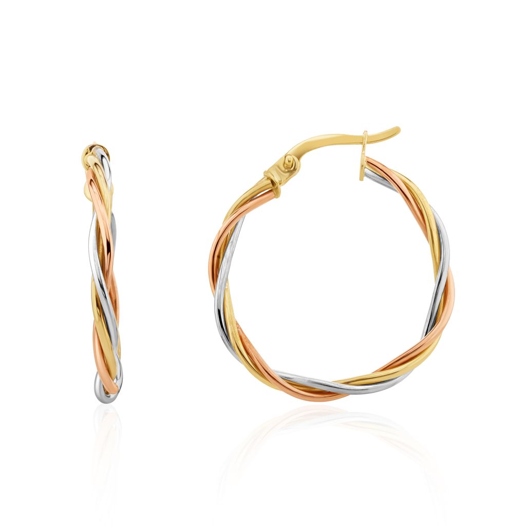 9ct Three Tone Yellow, White And Rose Gold Thin Wire Russian Hoop Earrings — 26mm