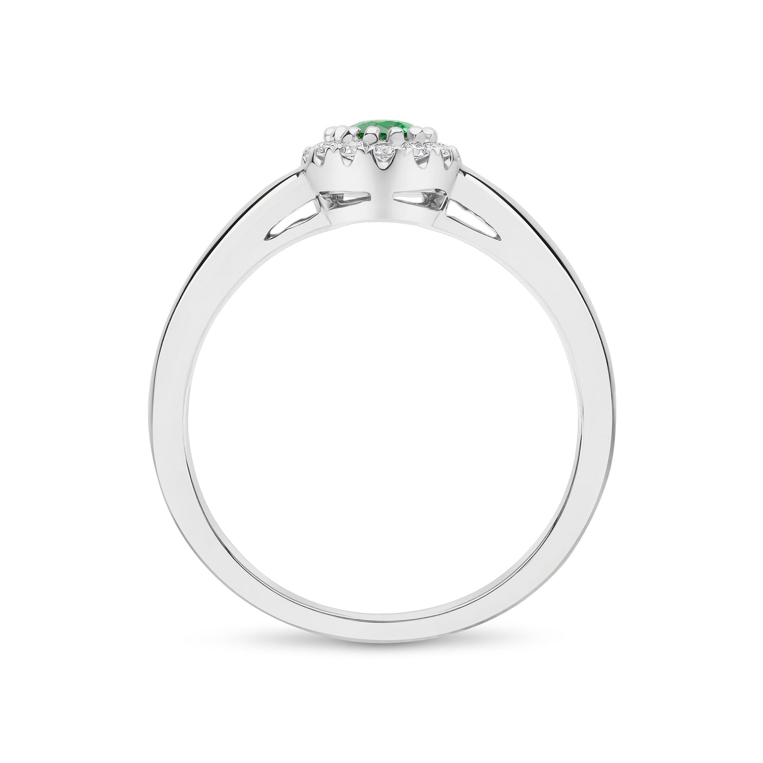 18ct White Gold Oval Emerald and Round Diamond Halo Cluster Ring — 5x4mm