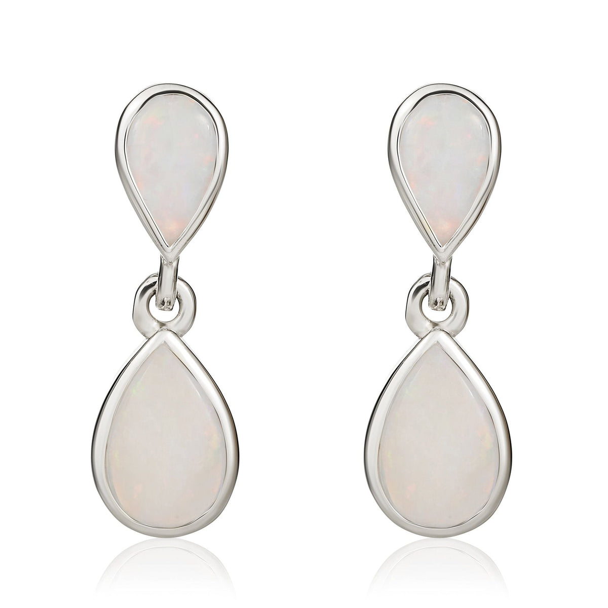 9ct White Gold Pear Shaped Natural Opal Two Stone Rubover Drop Earrings