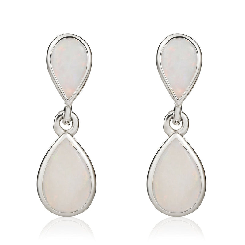 9ct White Gold Pear Shaped Natural Opal Two Stone Rubover Drop Earrings