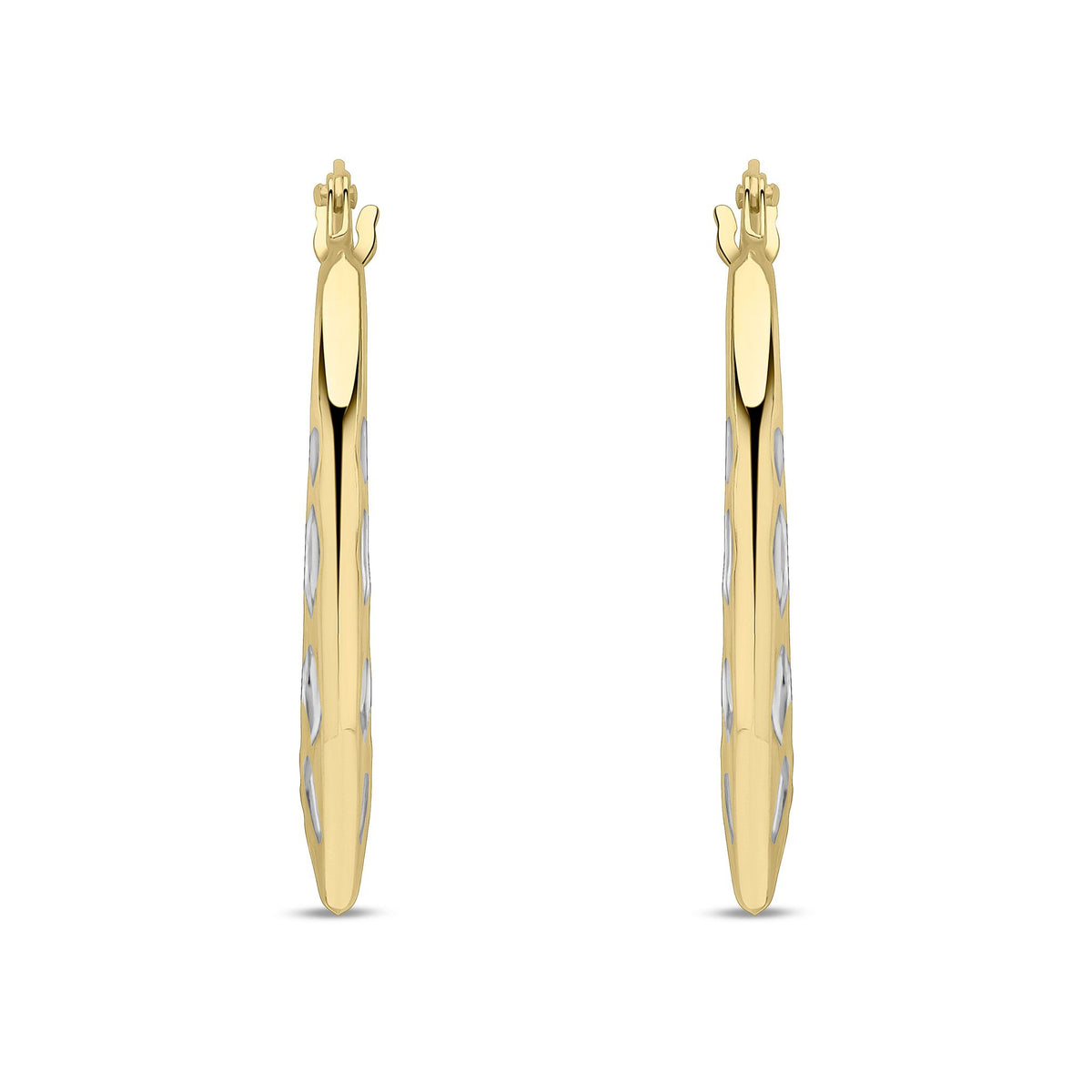9ct Yellow & White Gold Two Tone Diamond Cut Oval Hoop Earrings