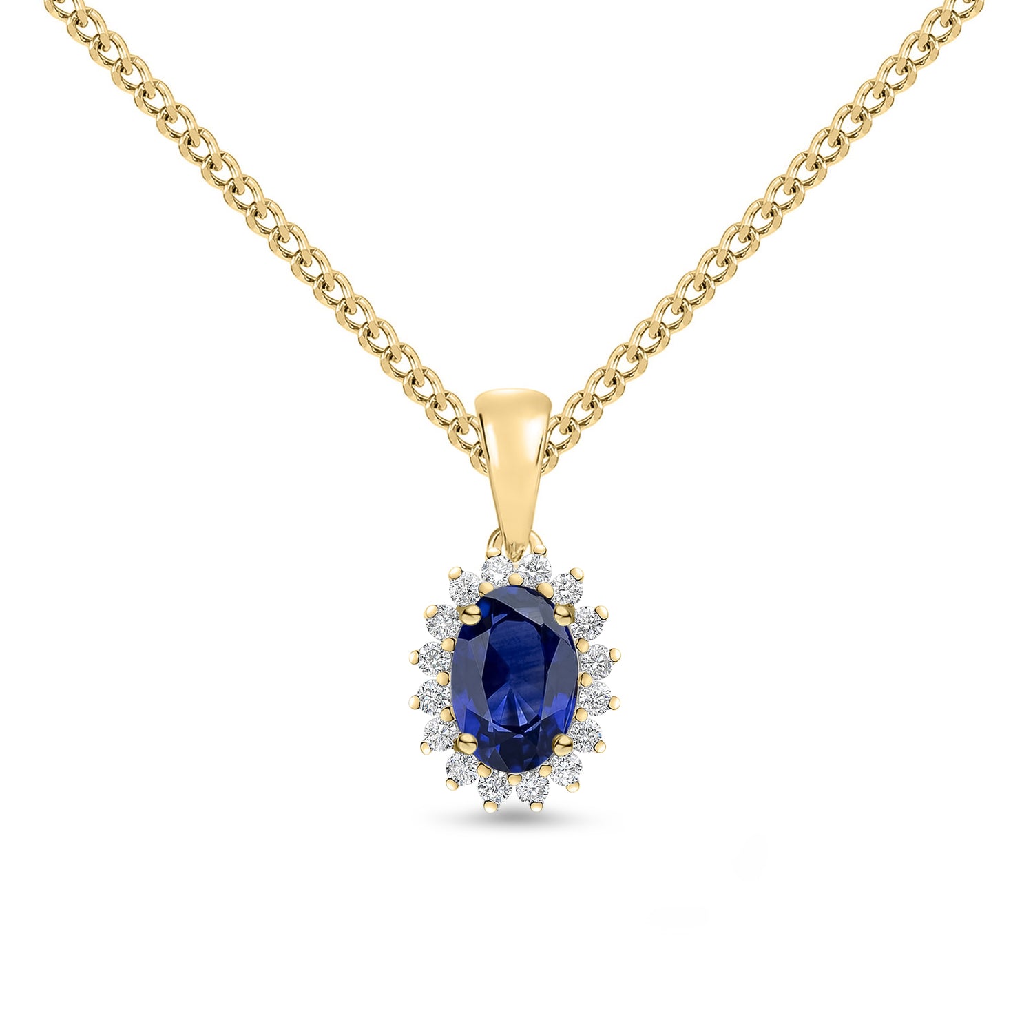18ct Yellow Gold Oval Natural Sapphire and Round Diamond Claw Set Cluster Pendant — 6x4mm