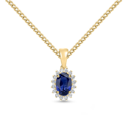 18ct Yellow Gold Oval Natural Sapphire and Round Diamond Claw Set Cluster Pendant — 6x4mm