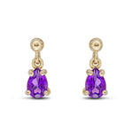 9ct Yellow Gold Pear Shaped Natural Amethyst Claw Drop Earrings — 6x4mm