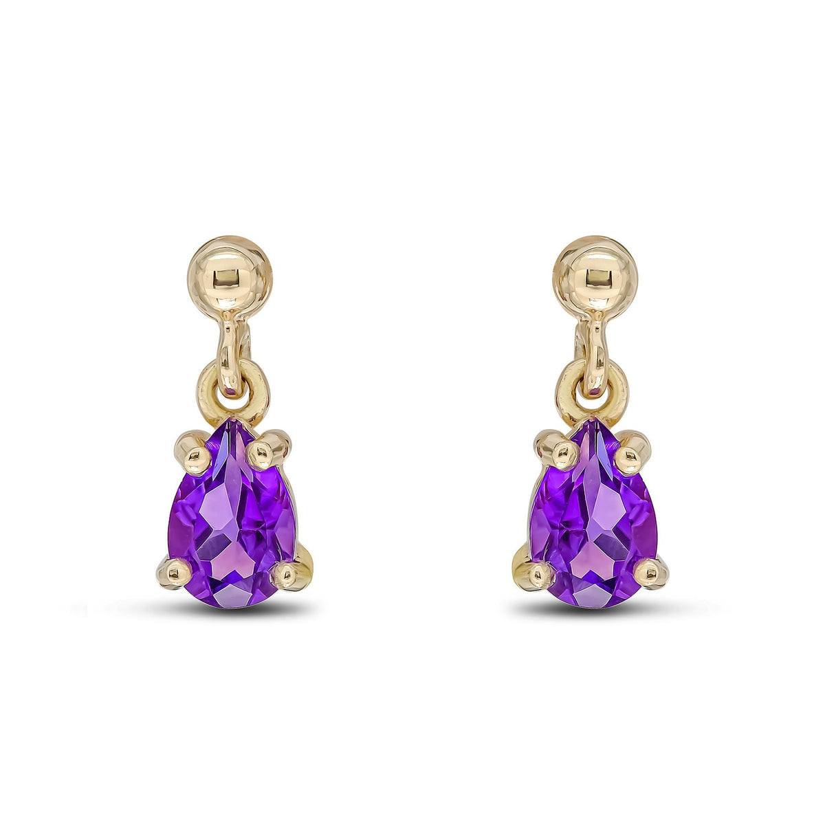 9ct Yellow Gold Pear Shaped Natural Amethyst Claw Drop Earrings — 6x4mm