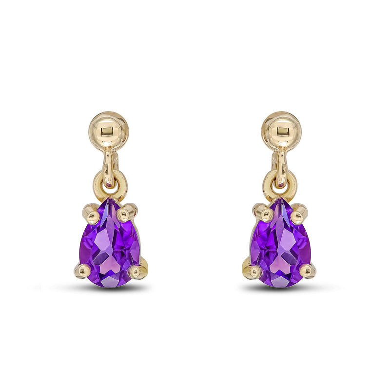 9ct Yellow Gold Pear Shaped Natural Amethyst Claw Drop Earrings — 6x4mm