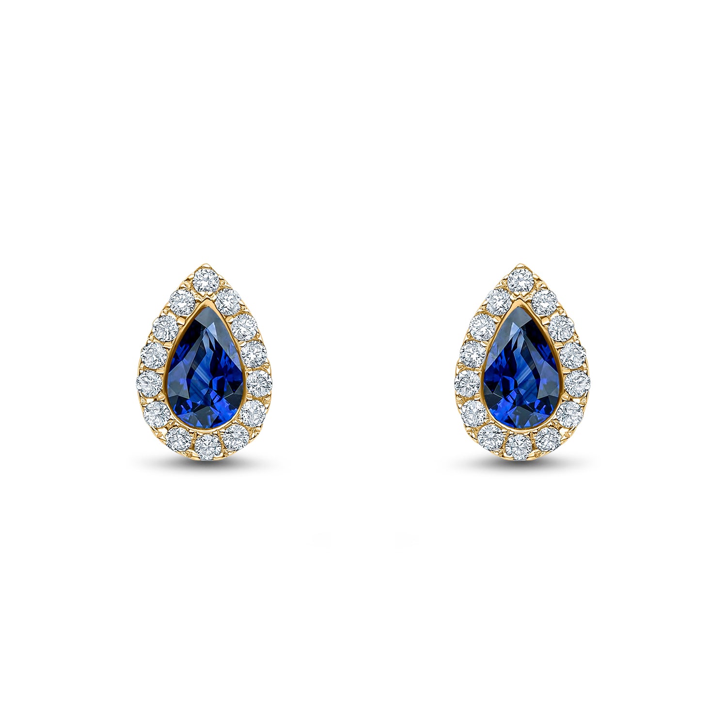 18ct Yellow Gold Pear Shaped Natural Sapphire and Diamond Cluster Stud Earrings — 5x3mm
