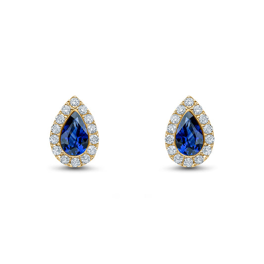18ct Yellow Gold Pear Shaped Natural Sapphire and Diamond Cluster Stud Earrings — 5x3mm