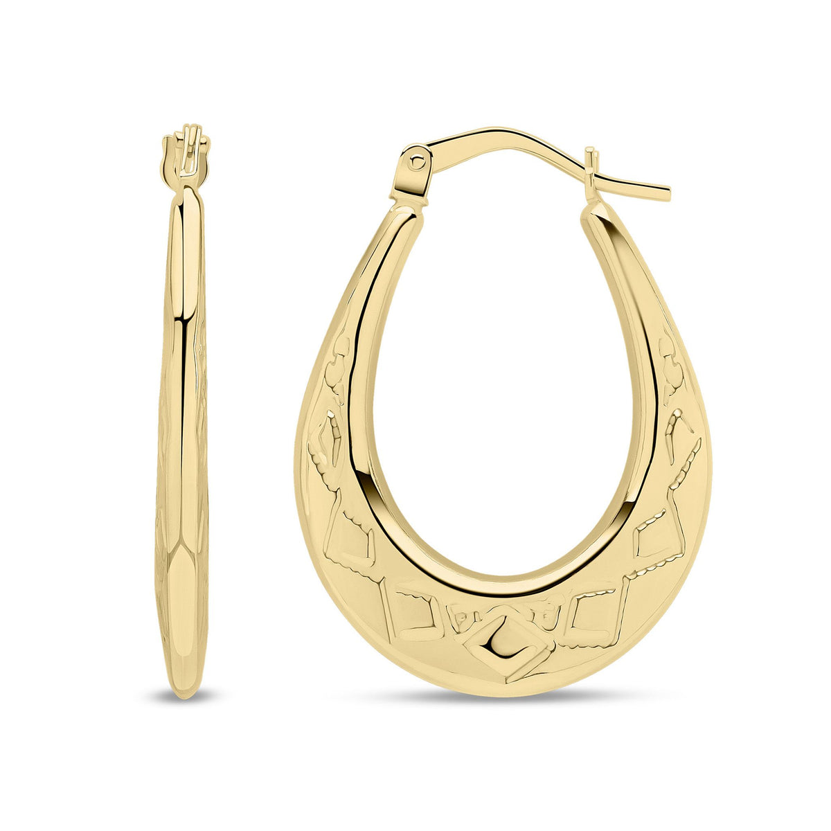 9ct Yellow Gold Diamond Cut Tapered Oval Hoop Earrings