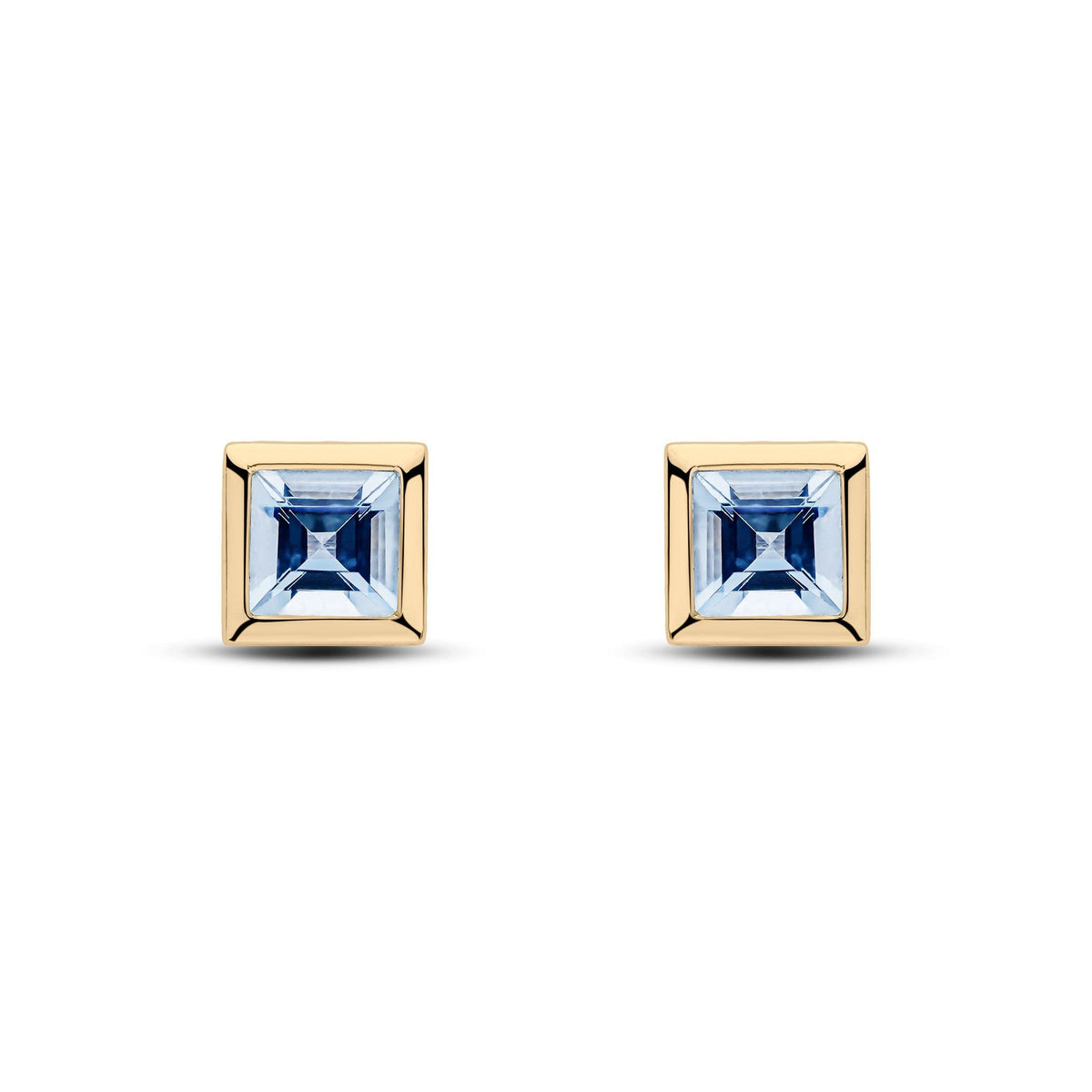 9ct Yellow Gold Square Natural Aquamarine Rubover Stud Earrings — 5mm