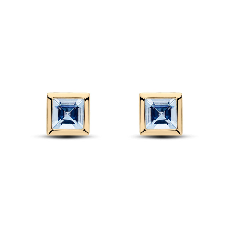 9ct Yellow Gold Square Natural Aquamarine Rubover Stud Earrings — 5mm