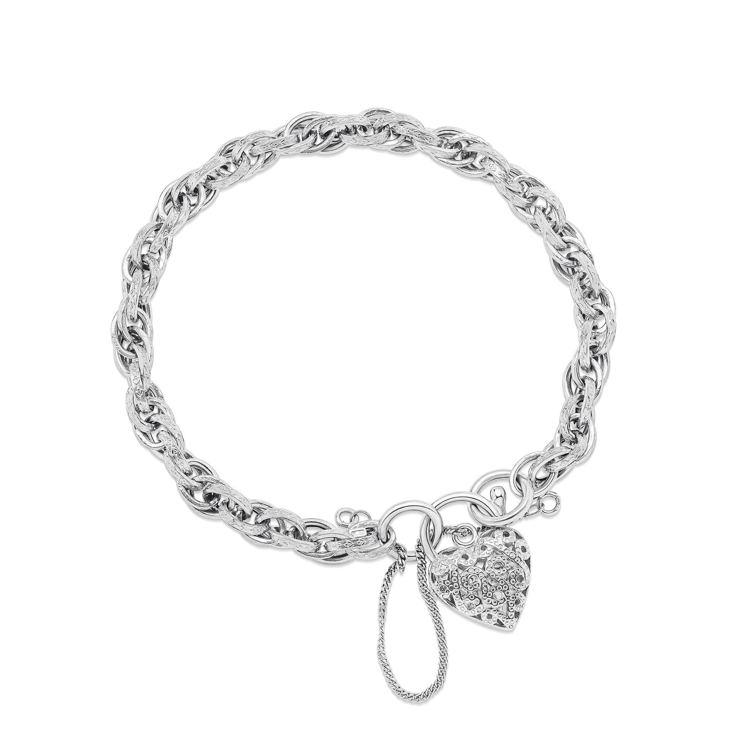 9ct White Gold Padlock Charm Bracelet with Safety Chain — 19cm