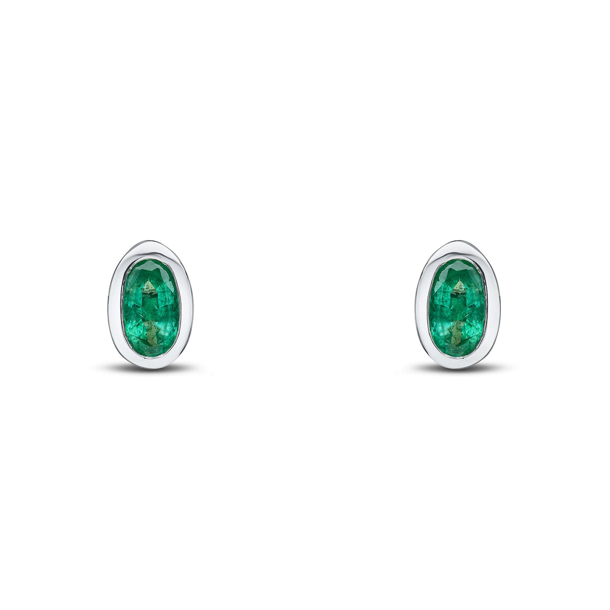 9ct White Gold Oval Natural Emerald Rubover Stud Earrings — 5x3mm