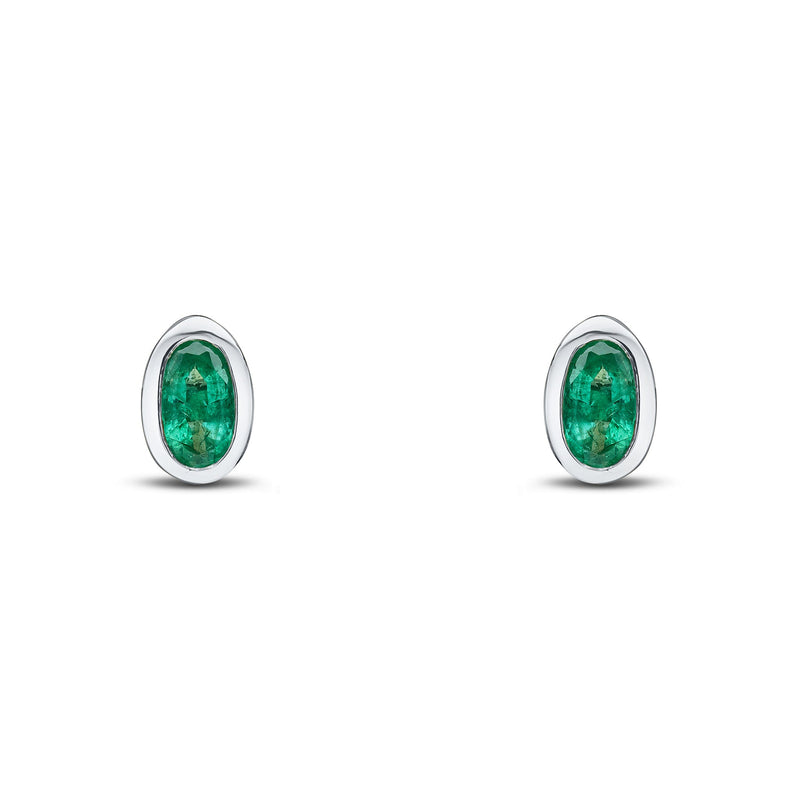 9ct White Gold Oval Natural Emerald Rubover Stud Earrings — 5x3mm