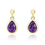 9ct Yellow Gold Pear Shaped Natural Amethyst Rubover Drop Earrings — 7x5mm