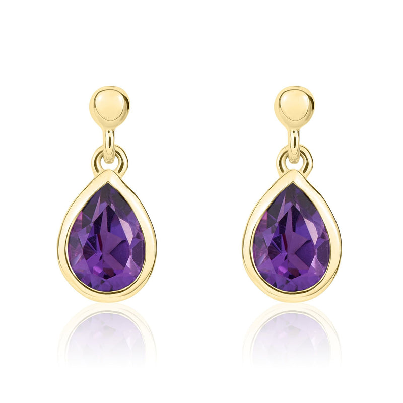 9ct Yellow Gold Pear Shaped Natural Amethyst Rubover Drop Earrings — 7x5mm