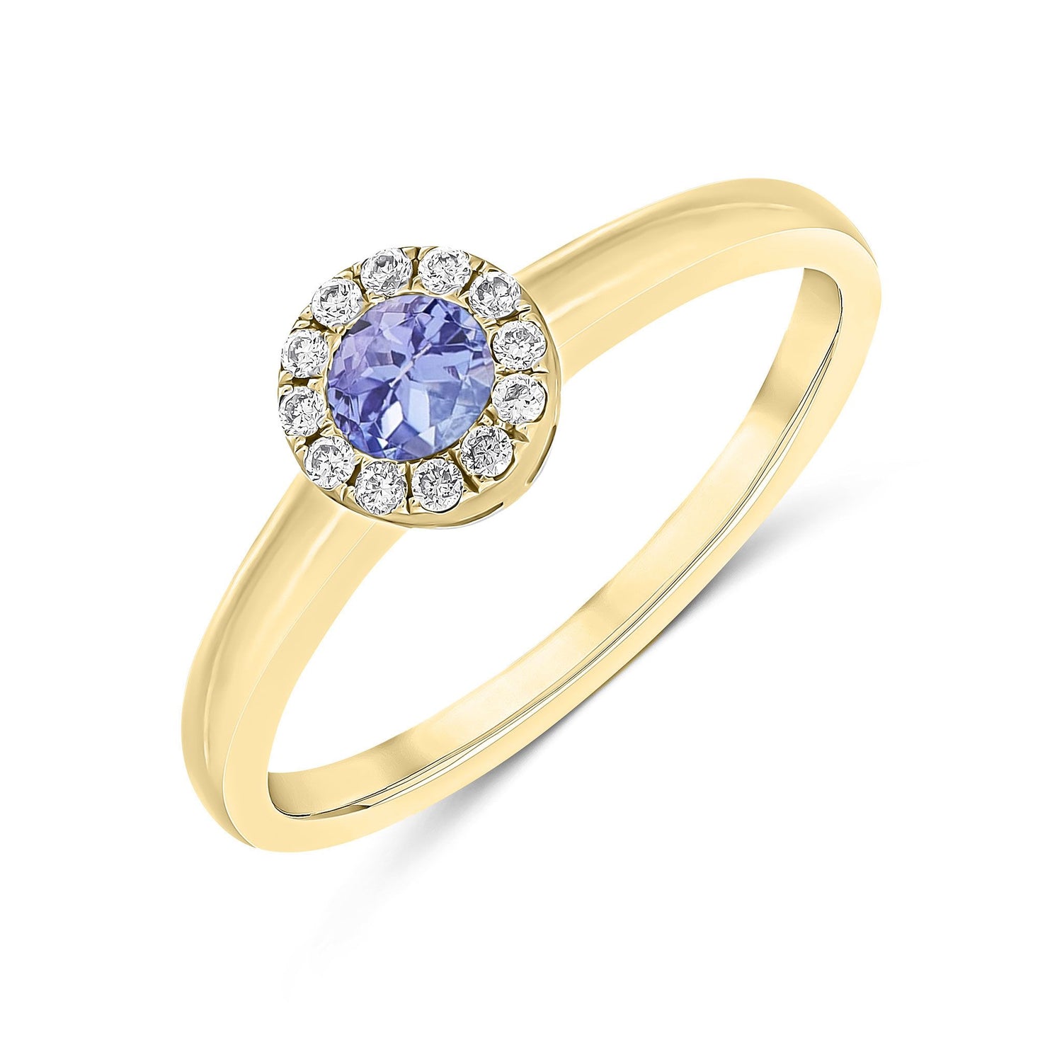 18ct Yellow Gold Round Natural Tanzanite and Diamond Halo Cluster Ring — 4mm