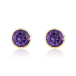 9ct Yellow Gold Round Natural Amethyst Rubover Stud Earrings — 5mm