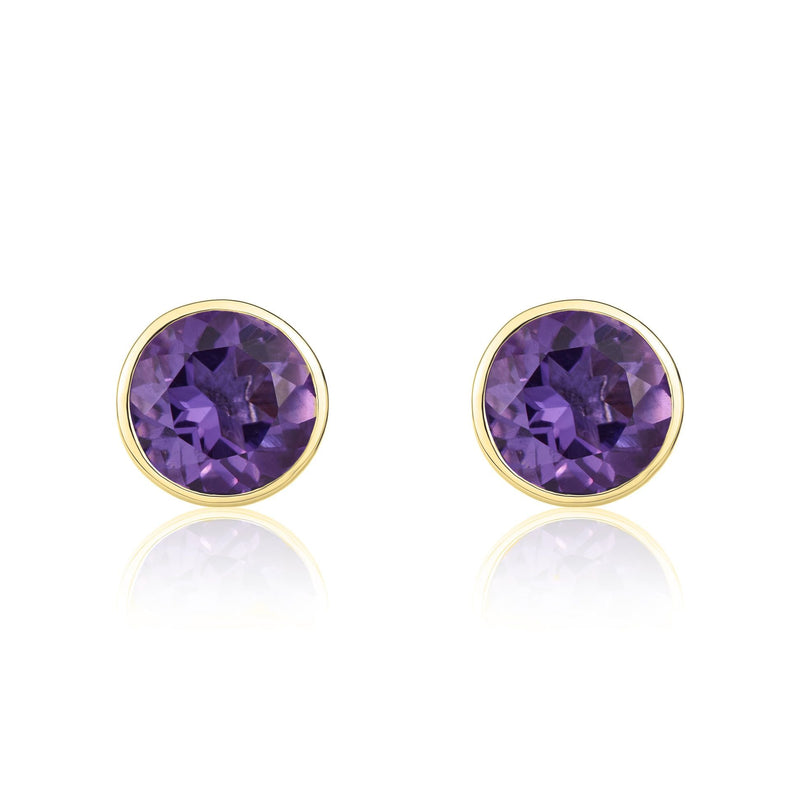 9ct Yellow Gold Round Natural Amethyst Rubover Stud Earrings — 5mm