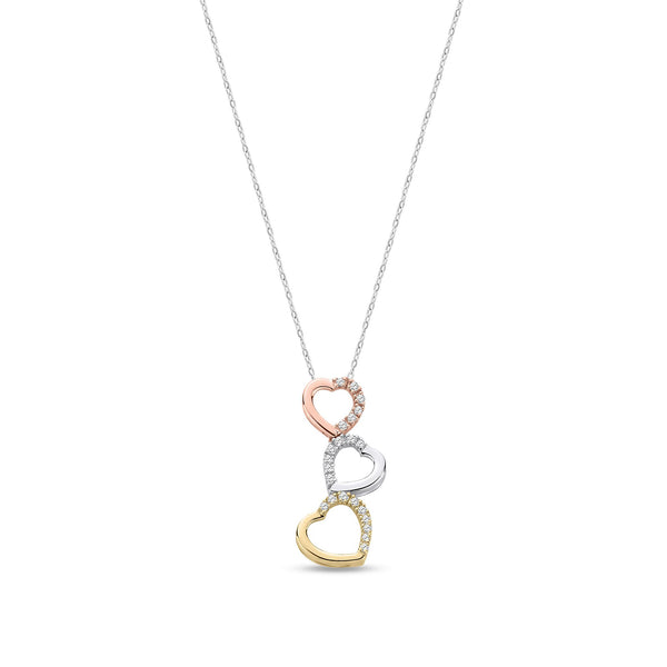 9ct Three Colour Gold Natural Diamond Triple Heart Drop Pendant