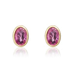 9ct Yellow Gold Oval Natural Pink Sapphire Rubover Stud Earrings — 6x4mm
