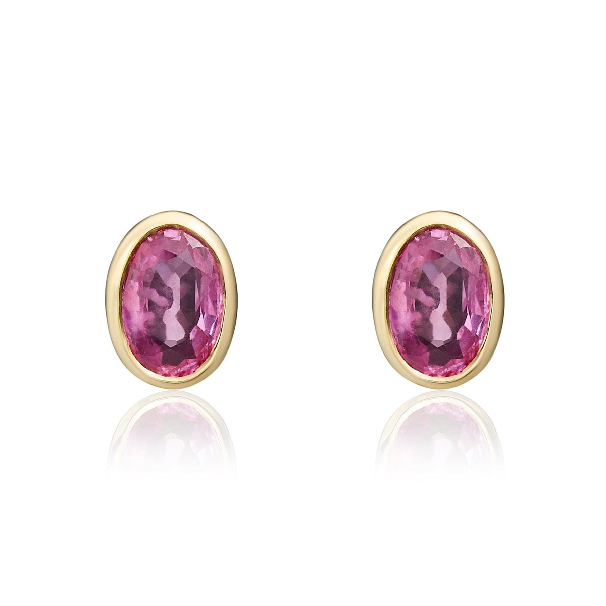 9ct Yellow Gold Oval Natural Pink Sapphire Rubover Stud Earrings — 6x4mm