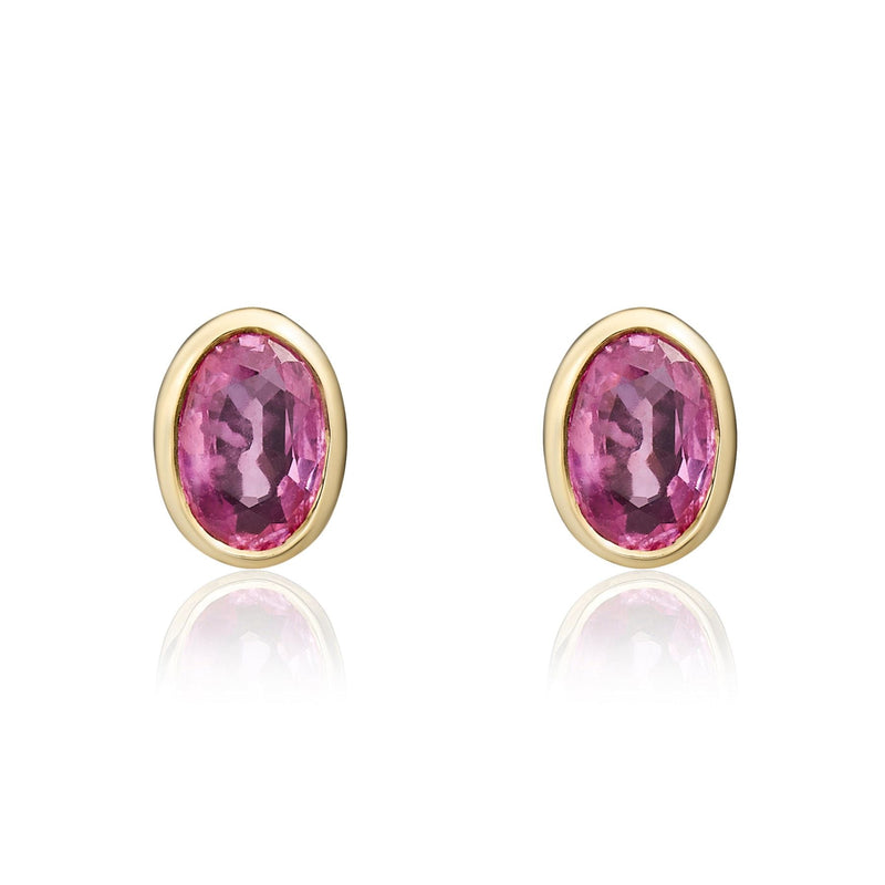 9ct Yellow Gold Oval Natural Pink Sapphire Rubover Stud Earrings — 6x4mm