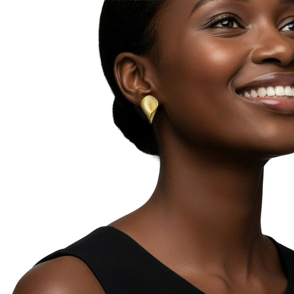 9ct Yellow Gold Sculpted Textured Folded Leaf Stud Earrings — 20mm