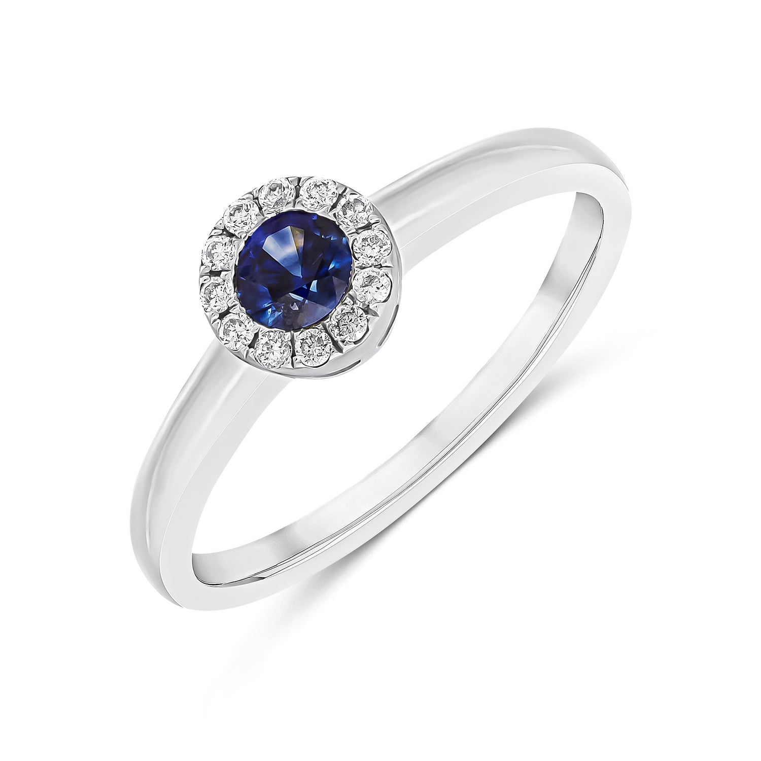 18ct White Gold Round Natural Blue Sapphire and Diamond Halo Cluster Ring — 4mm