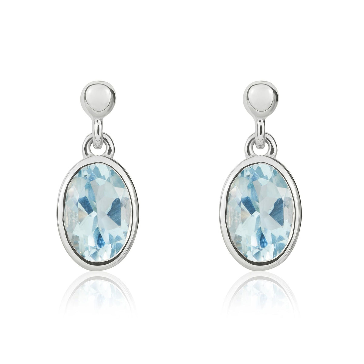 9ct White Gold Oval Natural Aquamarine Rubover Drop Earrings — 7x5mm