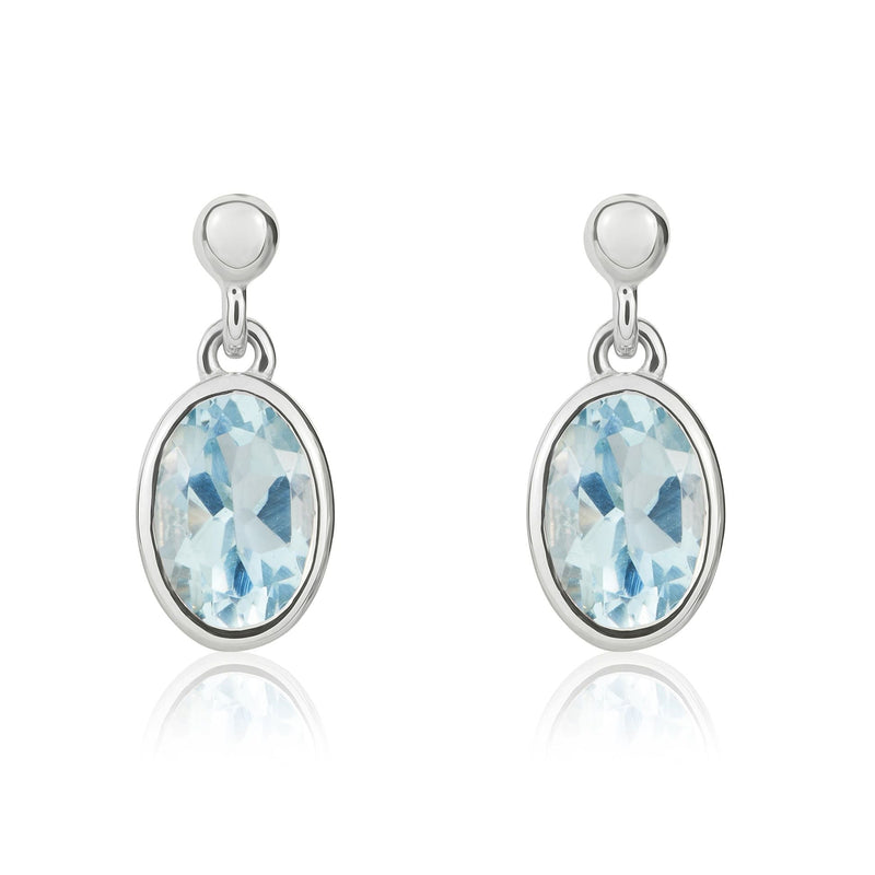 9ct White Gold Oval Natural Aquamarine Rubover Drop Earrings — 7x5mm