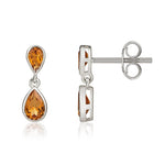 9ct White Gold Pear Shaped Natural Citrine Two Stone Rubover Drop Earrings
