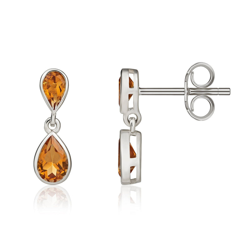 9ct White Gold Pear Shaped Natural Citrine Two Stone Rubover Drop Earrings