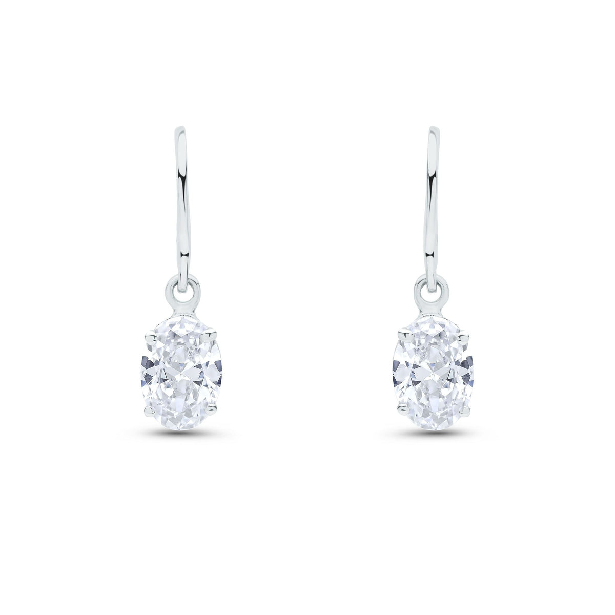 9ct White Gold Oval Cubic Zirconia CZ Claw Hook Wire Drop Earrings — 7x5mm