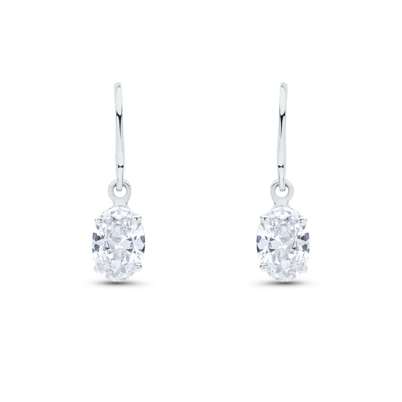 9ct White Gold Oval Cubic Zirconia CZ Claw Hook Wire Drop Earrings — 7x5mm