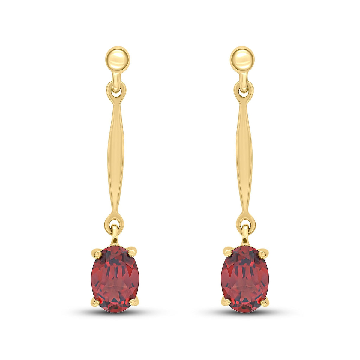 9ct Yellow Gold Oval Natural Garnet Claw Bar Drop Earrings — 7x5mm