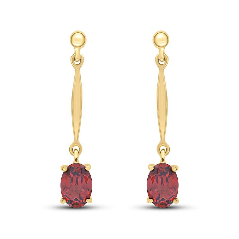 9ct Yellow Gold Oval Natural Garnet Claw Bar Drop Earrings — 7x5mm