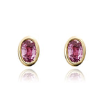 9ct Yellow Gold Oval Natural Pink Sapphire Rubover Stud Earrings — 5x3mm