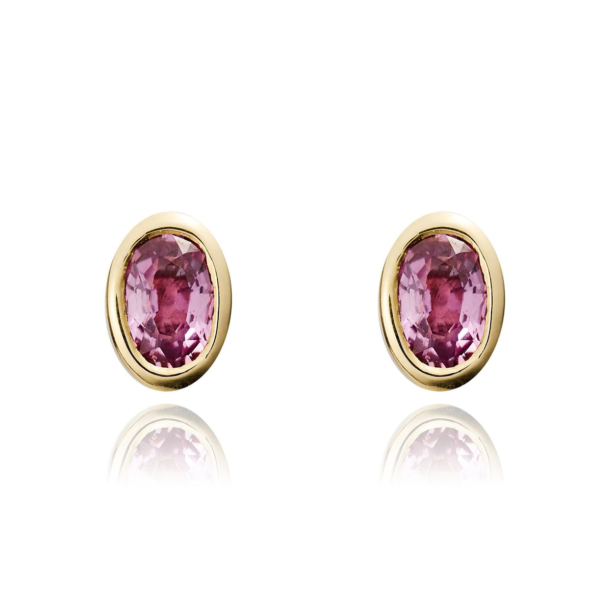 9ct Yellow Gold Oval Natural Pink Sapphire Rubover Stud Earrings — 5x3mm