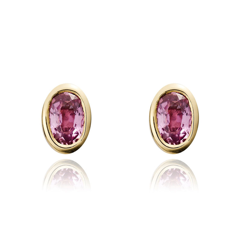 9ct Yellow Gold Oval Natural Pink Sapphire Rubover Stud Earrings — 5x3mm