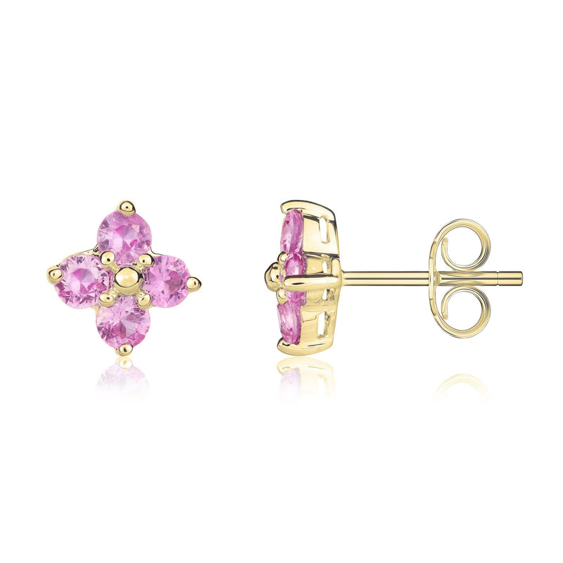 9ct Yellow Gold Round Natural Pink Sapphire Four Stone Cluster Stud Earrings