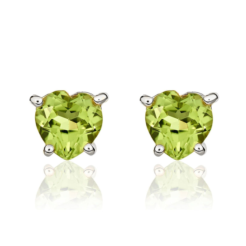 9ct White Gold Heart Natural Peridot Claw Stud Earrings
