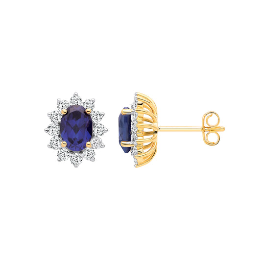 9ct Yellow Gold Oval Lab Grown Sapphire and Diamond Halo Cluster Stud Earrings