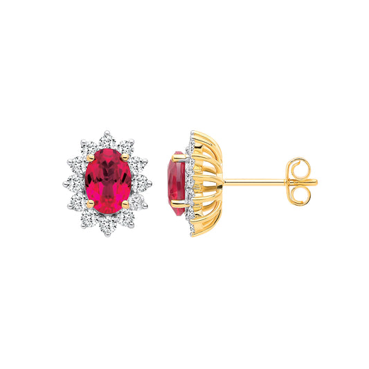 9ct Yellow Gold Oval Lab Grown Ruby and Diamond Halo Cluster Stud Earrings