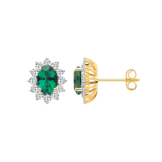 9ct Yellow Gold Oval Lab Grown Emerald and Diamond Halo Cluster Stud Earrings