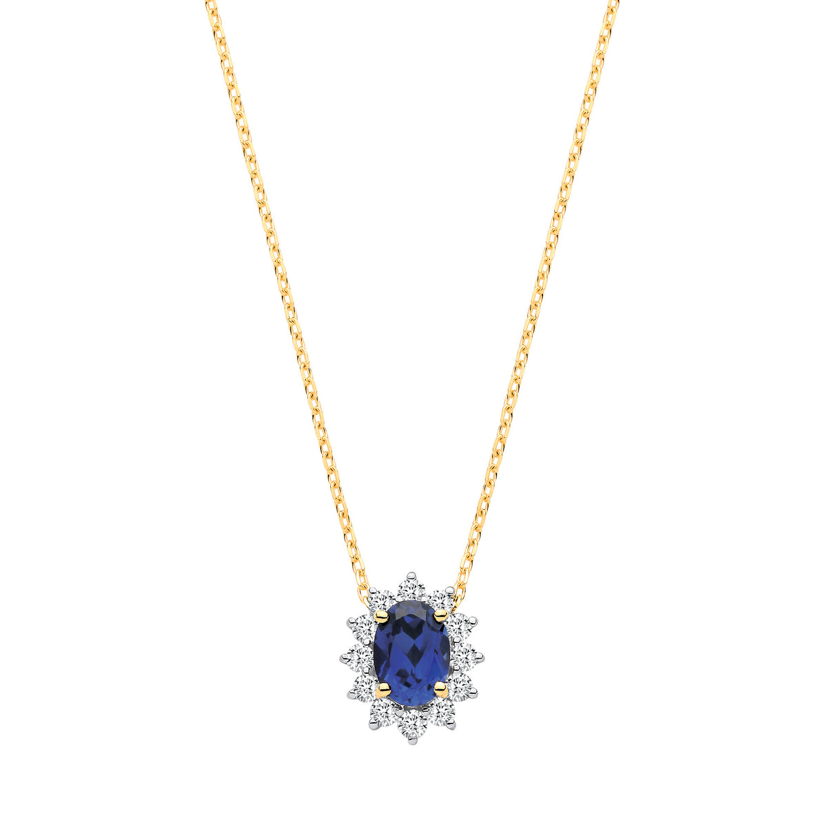 9ct Yellow Gold Oval Lab Sapphire and Diamond Halo Cluster Pendant