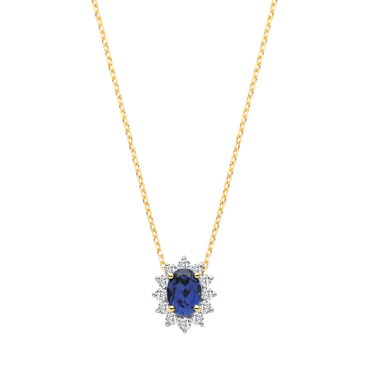 9ct Yellow Gold Oval Lab Grown Sapphire and Diamond Halo Cluster Pendant