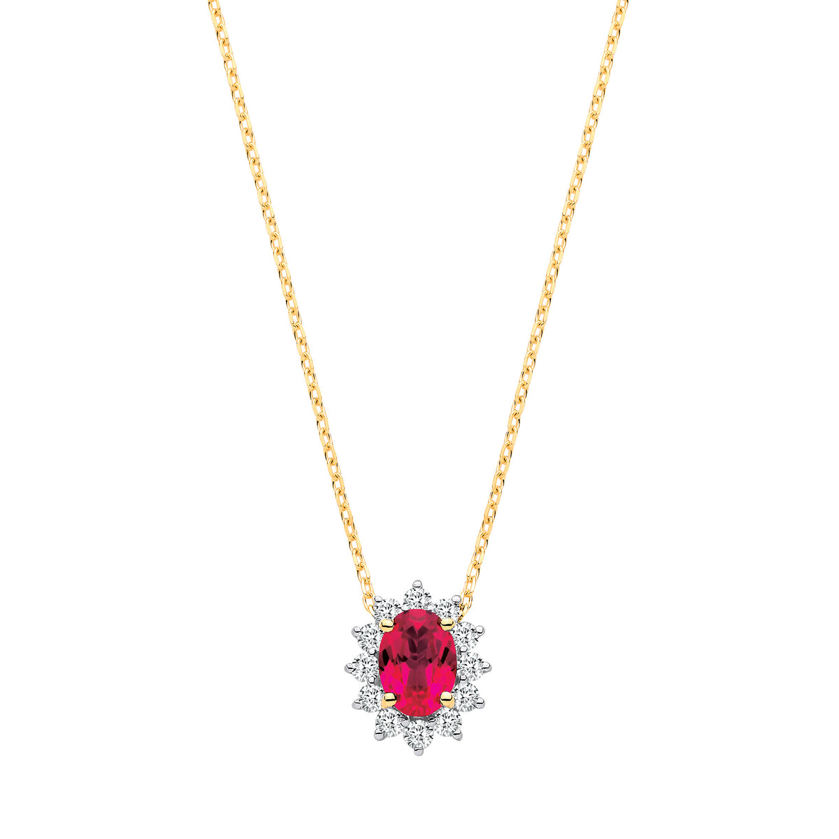 9ct Yellow Gold Oval Lab Ruby and Diamond Halo Cluster Pendant