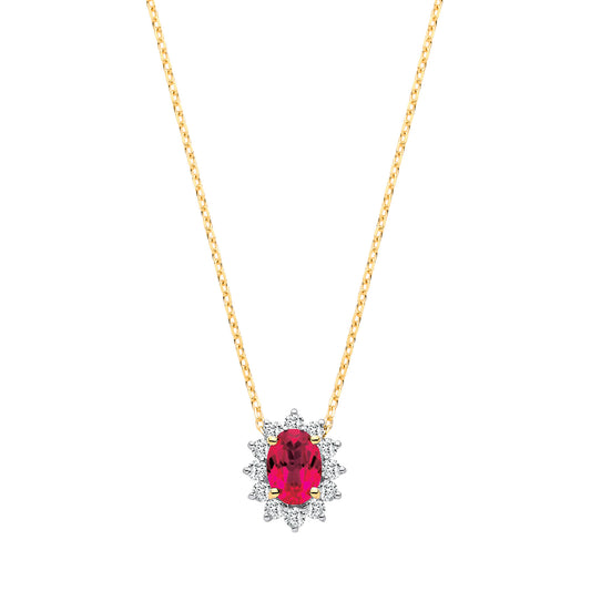 9ct Yellow Gold Oval Lab Grown Ruby and Diamond Halo Cluster Pendant